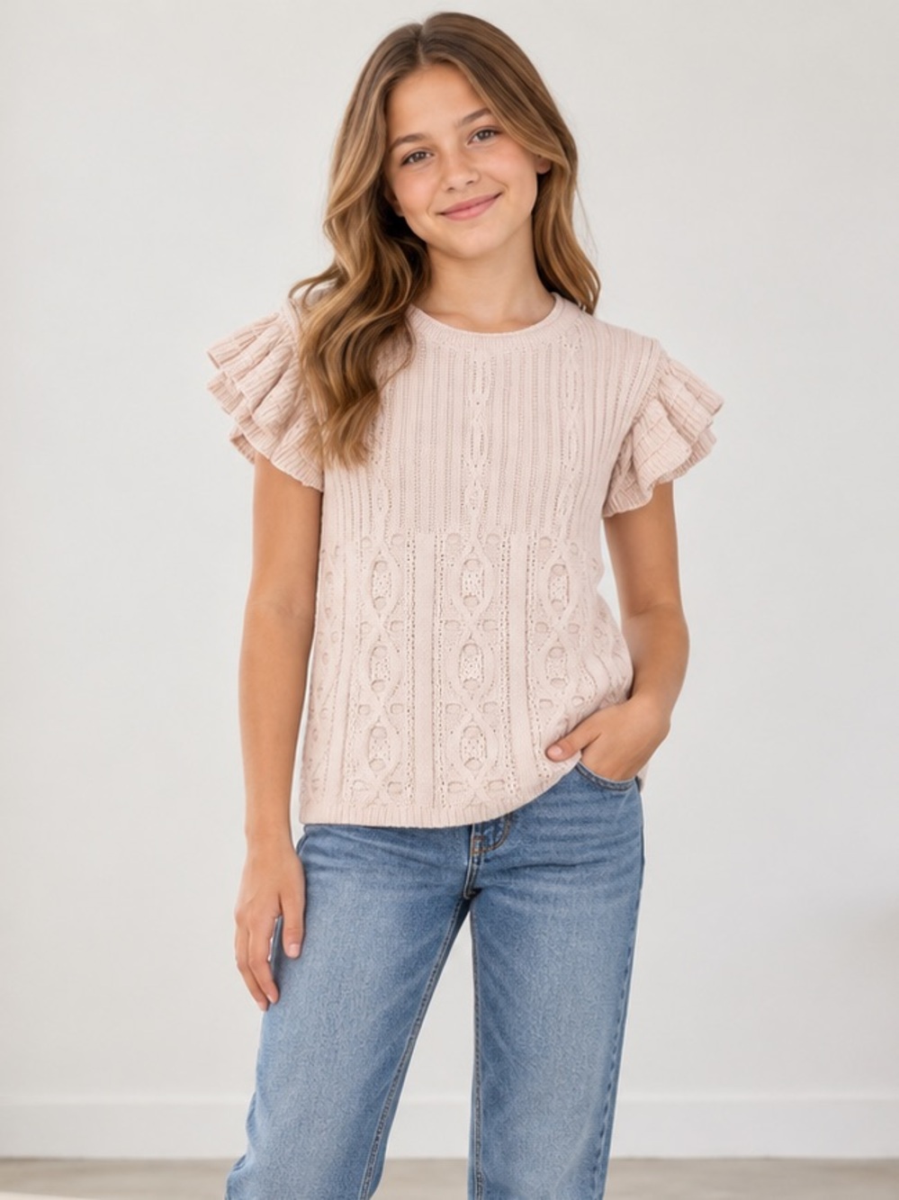 Chelsea & Violet Girls XL Blush Cable Knit Ruffle Sleeve Top